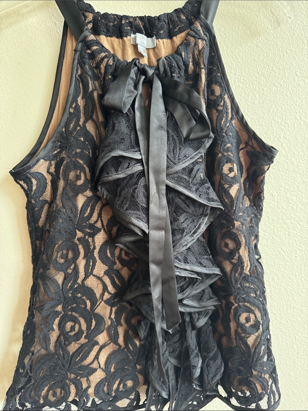 NY Collection Black Lace Ruffle Halter Tank with Satin Bow